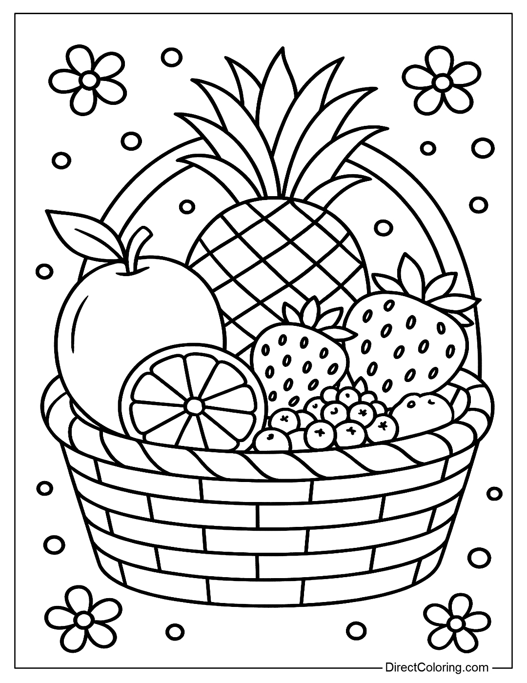 coloring page Summer fruit basket with pineapple, mango, strawberries and berries